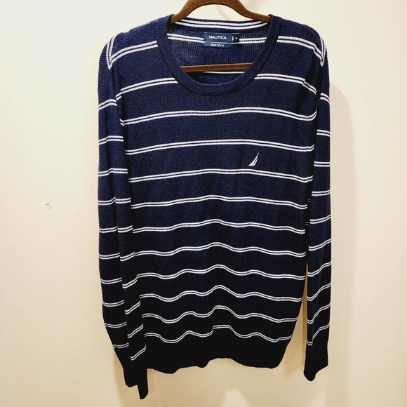 Men's NAUTICA Luxury Performance Navy Stripe Crew Neck Sweater Size XL - Picture 1 of 9